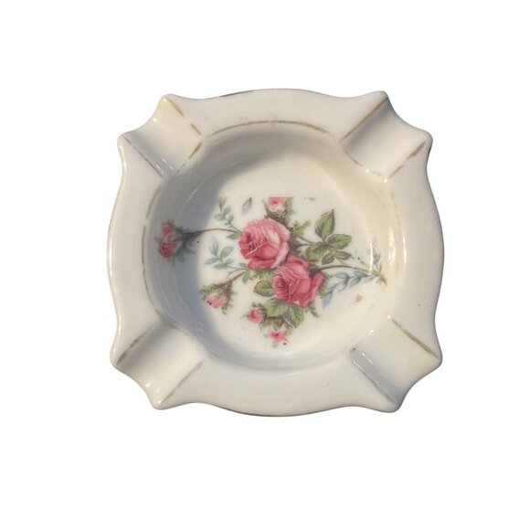 Vtg Set 2 Gold Castle Porcelain Personal Ashtray Pink Flowers Floral Estate 3" - Picture 2 of 5